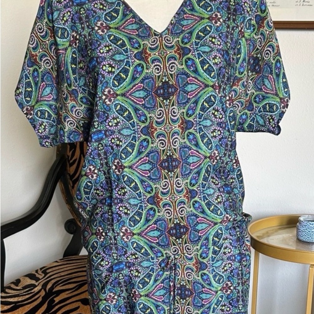 100 % Silk SW3 Bespoke Multicolor Paisley Mini Dress - Teal, Blue, Pink